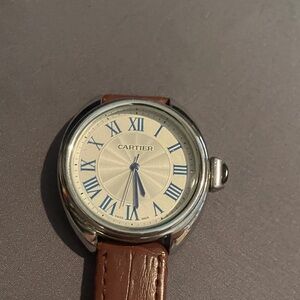 Cartier Men's Silver Watch with Brown Strap